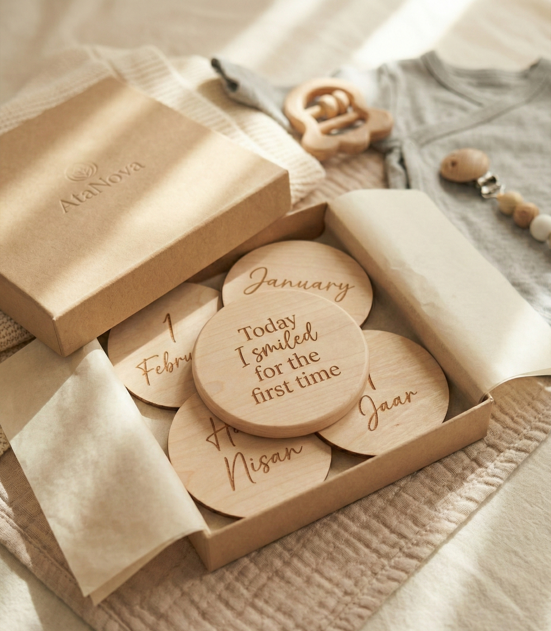 Baby Mijlpaalschijven voor Maandfoto's — Handgegraveerd Hout